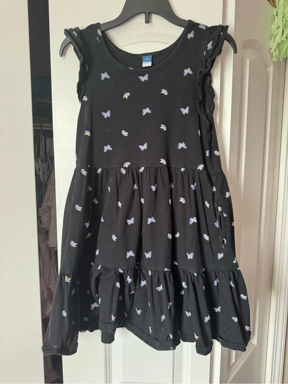 Old Navy Black Tiered Dress with Blue & White Butterfly Print